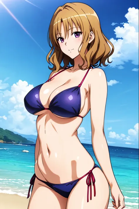 アニメの女の子 in a bikini posing on the beach、woman with short brown hair、purple eyed woman、wavy hair、realistic bikini、seductive anime...