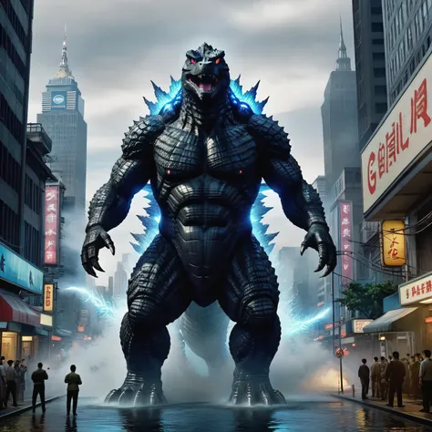 a shot from the movie godzilla if godzilla were a huge cybernetic creature, the atmosphere of the original godzilla movie, panic...