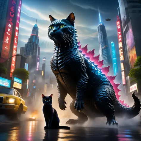 come up with and depict a huge creature, combine godzilla and a cat in it, the creature should have more similarities with godzi...