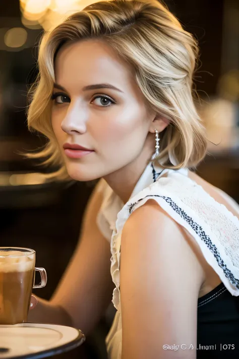 Belle blonde aux reflets blonds portant un pull beige (in a cafe drinking soda), Very detailed, 22 ans, visage innocent, wavy hair, yeux verts, visage de Marilyn Monroe, high resolution, chef-d&#39;artwork, best quality, intricate details, Very detailed, m...