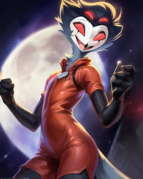 (furry art, upload on e621), ((stolas)), (anthro, furry), (open mouth), sfw, (red spacesuit, glass space helmet, black gloves, elbow gloves, (moon background), low angle view, short hair, black hair, white face, four eyes, girly, (skinny), smile, happy, re...