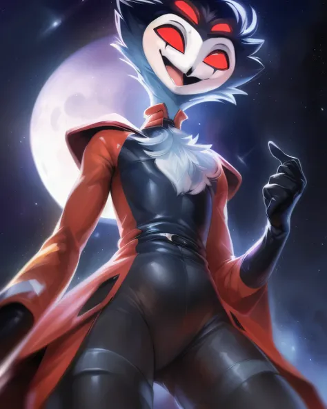 (furry art, upload on e621), ((stolas)), (anthro, furry), (open mouth), sfw, (red spacesuit, glass space helmet, black gloves, elbow gloves, (moon background), low angle view, short hair, black hair, white face, four eyes, girly, (skinny), smile, happy, re...