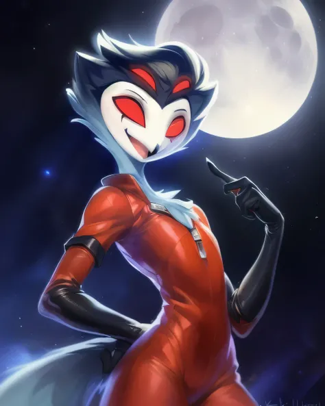 (furry art, upload on e621), ((stolas)), (anthro, furry), (open mouth), sfw, (red spacesuit, glass space helmet, black gloves, elbow gloves, (moon background), low angle view, short hair, black hair, white face, four eyes, girly, (skinny), smile, happy, re...