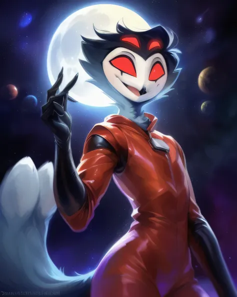 (furry art, upload on e621), ((stolas)), (anthro, furry), (open mouth), sfw, (red spacesuit, glass space helmet, black gloves, elbow gloves, (moon background), low angle view, short hair, black hair, white face, four eyes, girly, (skinny), smile, happy, re...