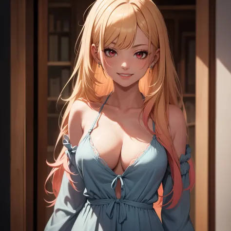 Absurd resolution, high resolution , high quality, (​masterpiece:1.4), ultra-detailed ,super detailed skin, (((Solo))), 1girl in, Red Eyes, medium breasts, Long hair, a blond, Straight hair, Bangs, earrings, cleavage, (Blue see-through nightgown), light sm...