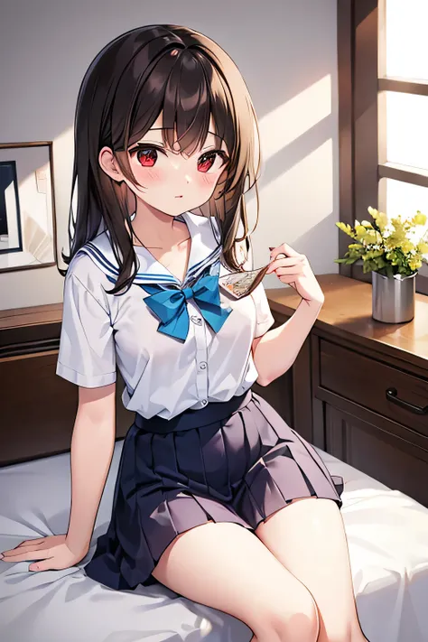 Junior high school girl uniform brown hair D cup red eyes sitting on bed