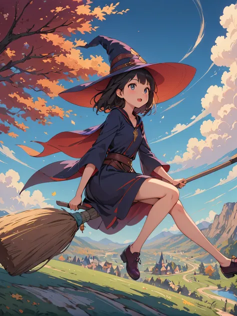 1 girl,kiki,witch delivery service,perfect face,cute, ((((flying witch))),((ride a broom)),broom flight,straddling the broom,ana...