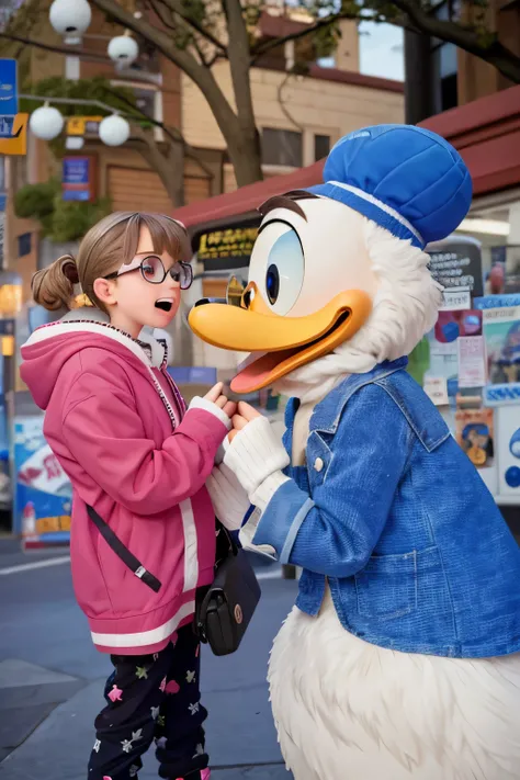 a girl with glasses, pink jacket, donald duck, mouth open, (pixar style) (masterpiece:1.2) (bokeh) (best quality) (detailed skin) (detailed texture) (8k) (claymation) (cinematic lighting) (sharp focus)