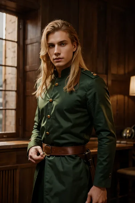 Neels Visser is a prince who has golden blonde hair, wears a moss green medieval military outfit, looking forward with piercing emerald green gaze. full body, art by Greg Rutkowski