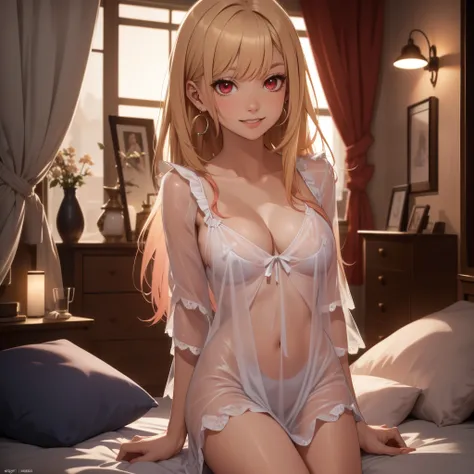 Absurd resolution, high resolution , high quality, (​masterpiece:1.4), ultra-detailed ,super detailed skin, (((Solo))), 1girl in, Red Eyes, medium breasts, Long hair, a blond, Straight hair, Bangs, earrings, cleavage, (see-through nightgown:1.8), light smi...