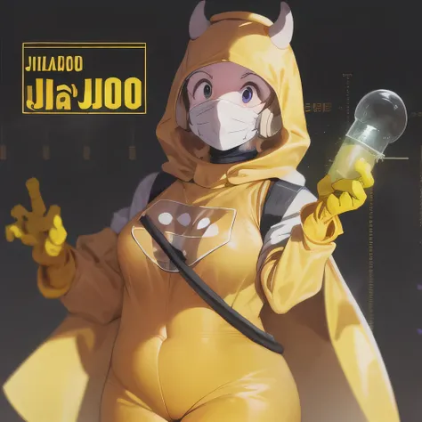 (jojo:1.0), (toriel:0.9), (serious:0.55), yellow  hazmat suit, black gloves, science lab background