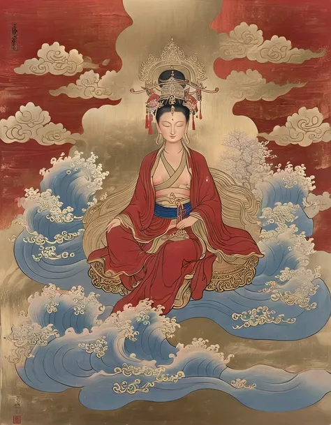 Dunhuang art style illustration,an extremely tiny monk sitting on the giant hand of Guanyin,nestled in continuous rolling ripples,extremely delicate brushstrokes, soft and smooth,China red and indigo,background covered with auspicious cloud patterns painte...