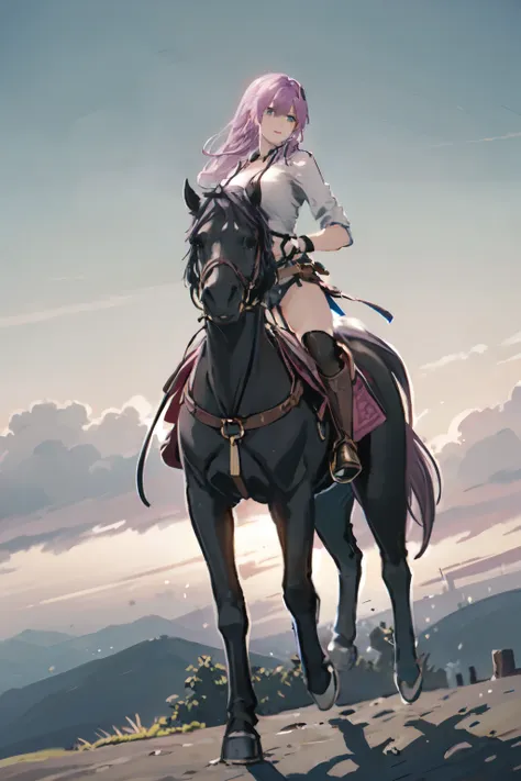 4k, masterpiece, solo, pink hair, green eyes, large breast, riding on a white horse, full body, female knight, (brown horse: 1.0...