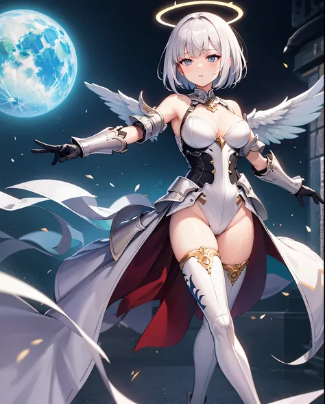 fantasy, 1angel_girl,young_teen, ,silver_hair, short_hair, long_bangs, halo,bare_shoulder,thighhighs,silver_armor, waist_armor, large_breasts,sleepy,half_eyes,1pair_wings, dynamic_pose_fighting,floating, bare_crotch, headgear,gauntlet, greaves,city_backgro...