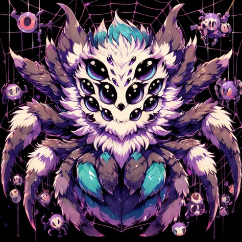 female dragon.spider element. furry. compound eye. yandere expression. double teeth. purple color. insect fung. spider web patte...