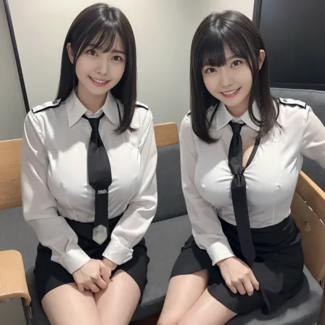 (black hair、 policewoman、tie、pencil mini skirt、white dress shirt、cleavage is visible、Inside the police station、smile、beautiful teeth alignment、sitting in a high chair、)professional lighting、slender、adult woman、Big breasts that are about to explode、big ass、...