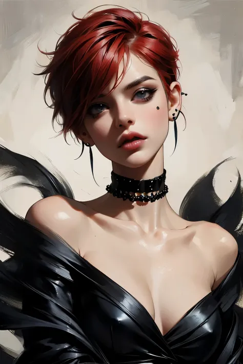 (Punk-rock) girl, short red hair, short pixie cut, goth, dungeon, dark, dimmed light, gothic, (face piercings, lip piercing), dark erotic fantasy, big breasts, nsfw, sex