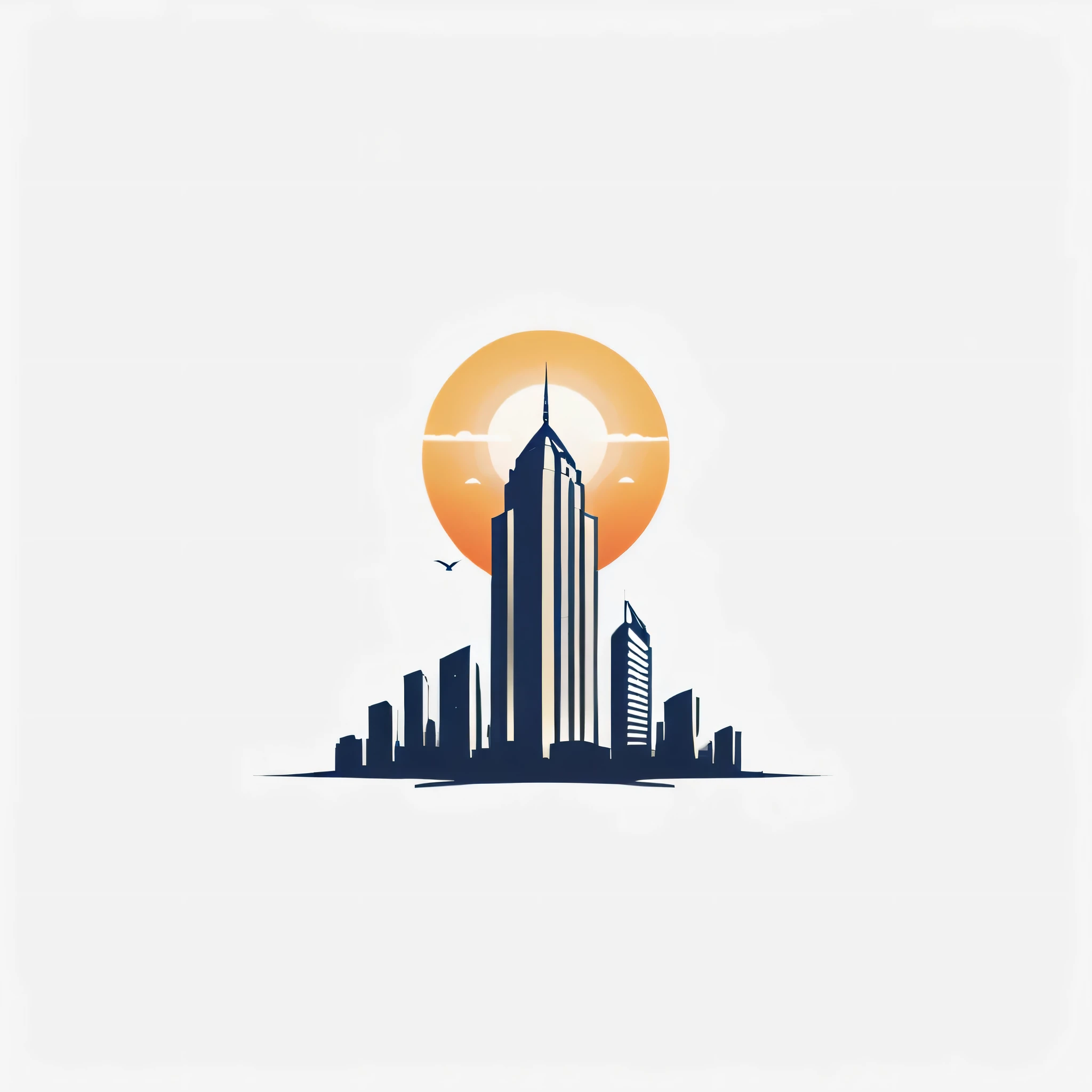 high quality logo，dawn，architecture，simple background，White background，A skyscraper