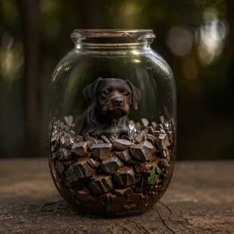 (an intricate minidog drahthaar trapped in a jar), atmospheric oliva lighting, on the table, 4k uhd, dark vibes, hyper detailed,...