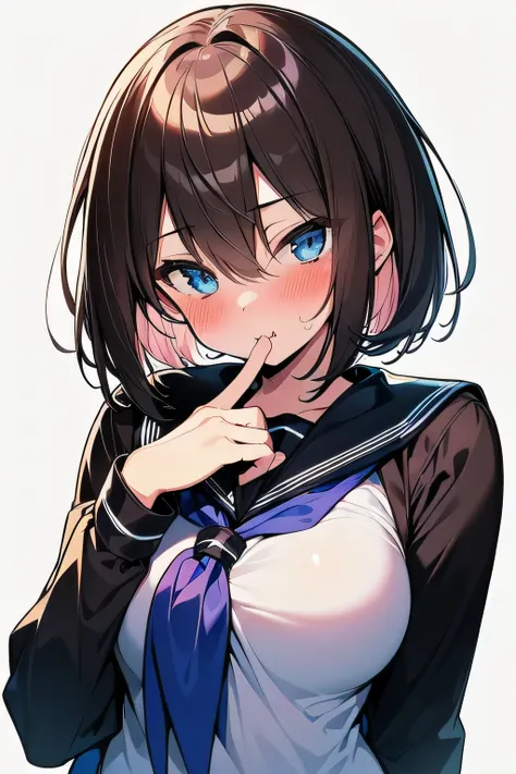 (best quality), (Super detailed), (Best Illustration), ((beautiful girl)), look at viewer, from front, upper body, (long sleeve, white serafuku), ((beautiful medium breasts)), curvy body, ((pout)), blush, brown hair, (bob cut), messy hair, curvy hair, hair...