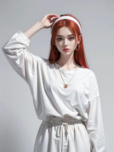 (8K, highest quality, High resolution, masterpiece :1.3), (white background), stylish, hisense, fashion, The contour is the length of the surface, eyes are long, red hair, hair band, oversized clothes, baggy clothes, Upper body, necklace, earrings, graphic...