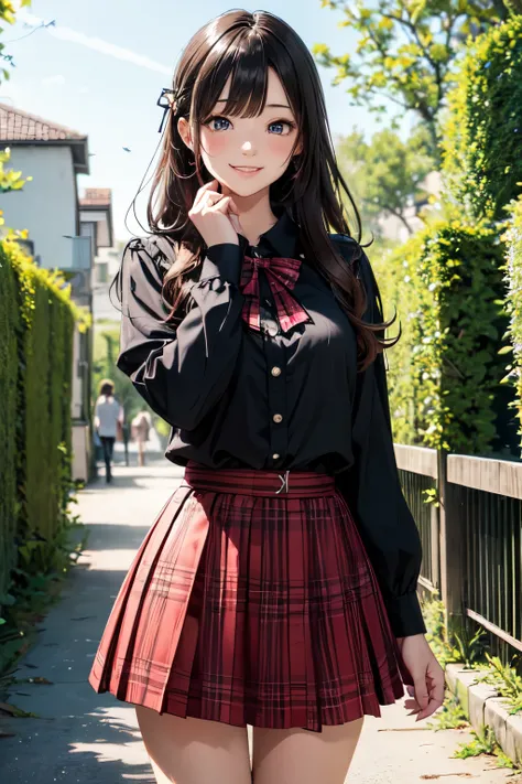 very cute and beautiful girl,(highly detailed beautiful face),(smile),blush,cowboy shot, (white blouse with detailed frills),long sleeve BREAK standing,skirt lift,(white panties), hair ribbon,black hair,(scarlet plaid mini skirt) BREAK flower garden,narrow...