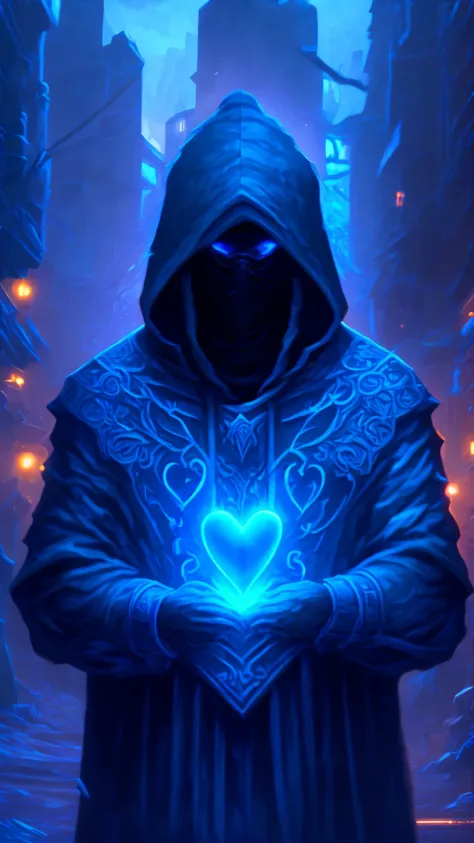 arafed hooded man in a dark city holding a glowing blue heart, in the style dan mumford artwork, dan mumford tom bagshaw, profile picture 1024px, stylized urban fantasy artwork, background artwork, omen from valorant, cloaked, raziel irl, blue fire powers,...