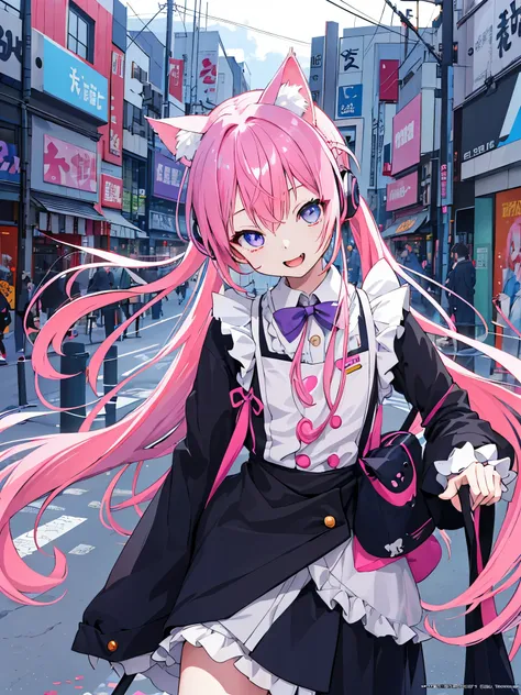 best image quality、1 girl、Harajuku, Tokyo has a complex structure、Loli、コン、Loliータ、young、cute、sister line、Halloween、into the cloud、Cute Items、twin tails、pink hair、headphones、blue and purple odd eyes、Cat ear、maid、eyes shine、sexy、Magical girl、Magazine Headline...