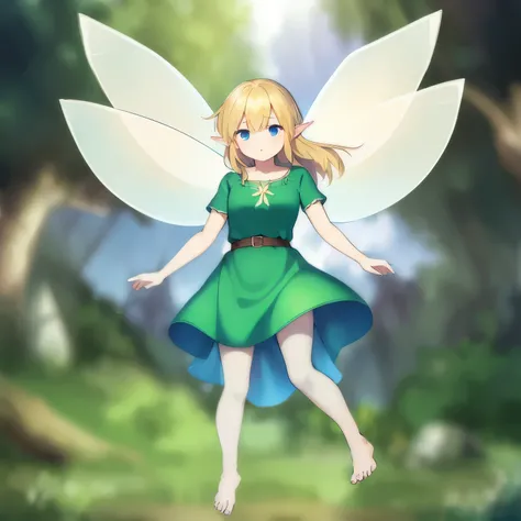 girl. faery. Blue eyes. blonde hair. green fairy dress. fairy wings. Barefoot. A curious face. against the background of the forest and the sky.