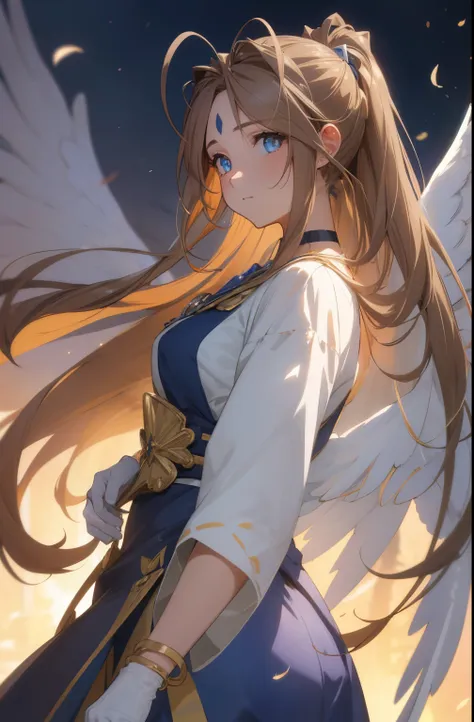 , belldandy, long hair, blue eyes, brown hair, traces of face, forehead mark, gloves, wing, choker, bracelet, ring, feather, ang...