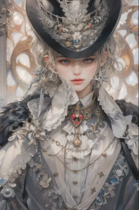 (masterpiece, top quality, best quality, official art, beautiful and aesthetic:1.2), boy, handsome, extreme detailed faces, (fractal art:1.3), colorful, highest detailed, (perfect face), shiny skin, HDR, cantarella, extremely detailed dress, detailed backg...