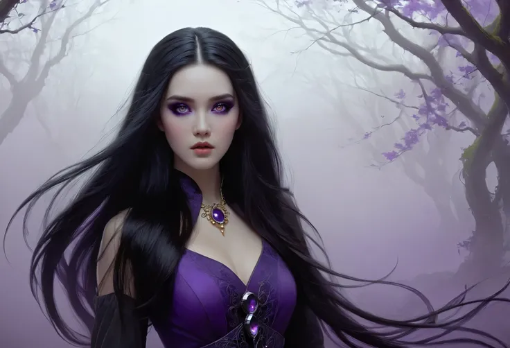 Arav woman with long black hair and purple eyes, Natalie Chao Tom Bagshaw, Cute face. dark fantasy, Tom Bagshaw art style, in the Tom Bagshaw&#39;s style, Tom Bagshaw art style, in Tom Bagshaw&#39;s style, purple eyes, Tom Bagshaw style, Tom Bagshaw inspir...