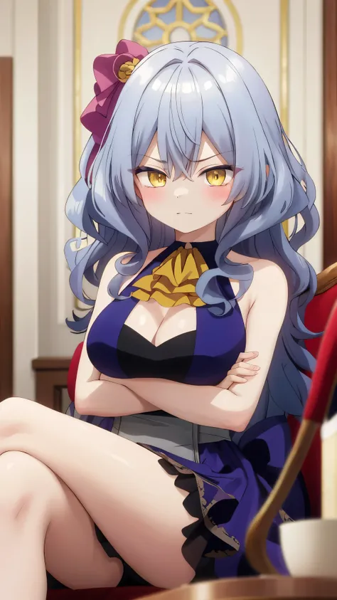 One girl with wavy hair, bangs, yellow eyes, looking at viewer, blushing, embarrassed, serious expression, indoor, living room, dress, dress, long hair, ascot, large breasts, cleavage, sleeveless dress, thigh, sitting, crossed legs, bare legs, crossed arms...