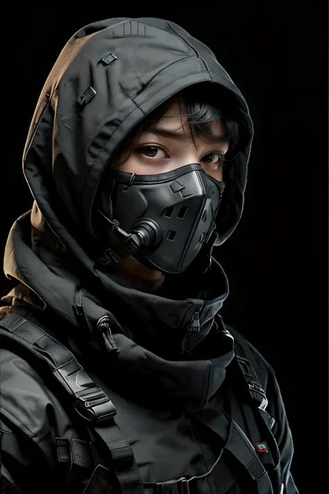 black combat uniform　hood　mask　near future　male　plain background　dynamic movement