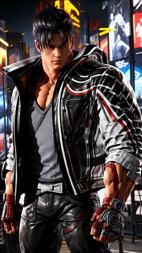 masterpiece, best quality, male focus, jin kazama, jacket, fingerless gloves