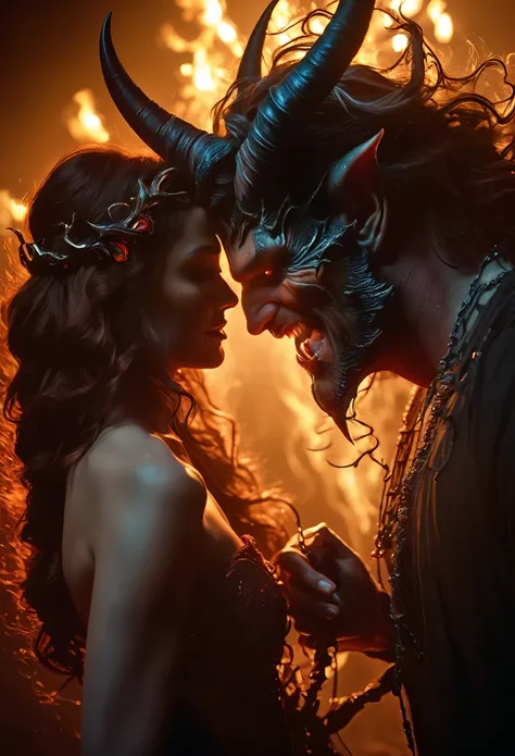 (best quality,4k,8k,highres,masterpiece:1.2),ultra-detailed,(realistic,photorealistic,photo-realistic:1.37),A terrifying horned demon passionately entwined with an enchanting human girl, (NSFW:1.3),soft lighting,gothic style,fine detail,dramatic shadows,vi...