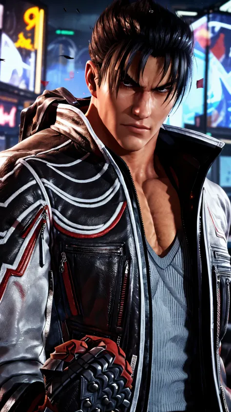 masterpiece, best quality, male focus, jin kazama, jacket, fingerless gloves, looking at viewer,