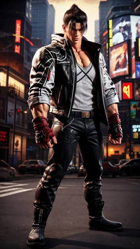 male focus, jin kazama, jacket, zipper, fighting stance, pants, fingerless gloves, shirt, boots, upper body
masterpiece, best qu...