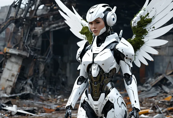 ((masterpiece, highest quality, Highest image quality, High resolution, photorealistic, Raw photo, 8K)), Abandoned robot soldier on battlefield, broken and immobile, futuristic robot angel, amazing angel wings, rust and moss showing passage of time, female...