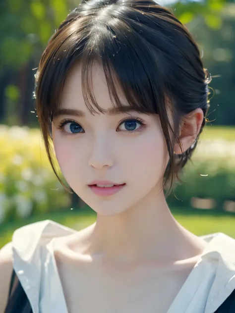 short hair、grassland、(You can see both sides:1.6)、（from the chest up:1.6)、laughter、Close-up portrait of a girl wearing white sleeveless top dress and earrings, soft portrait shot 8k, nice delicate face, High quality 4K portraits, high quality portrait, sof...