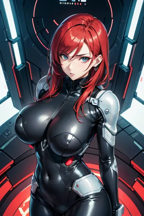 Milf, woman in a futuristic suit, highly detailed face, cool, mom, tomboy, very large breast, (Milf), mature face, (mature female), cybersuit, anime girl wearing tight suit, milfication, Elegant body, navel focus, naked body, gloves, earrings, science fict...