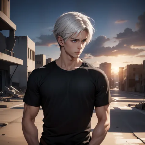 Realistic Anime style, Handsome boy, cool boy, sad face, Black shirt, White hairstyle, Destroyed desert city background