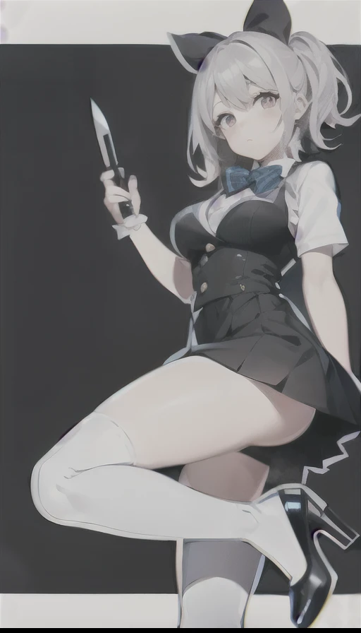 Anime girl sitting on a chair with a knife and a bow tie, surreal , chiaki nanami from danganronpa, High resolution!!, thighs!!!, by Kose Kanaoka, by Kamisaka Sekka, misato katsuragi, by Shinoda Toko, thighs!!!!!!, 2b, 2b