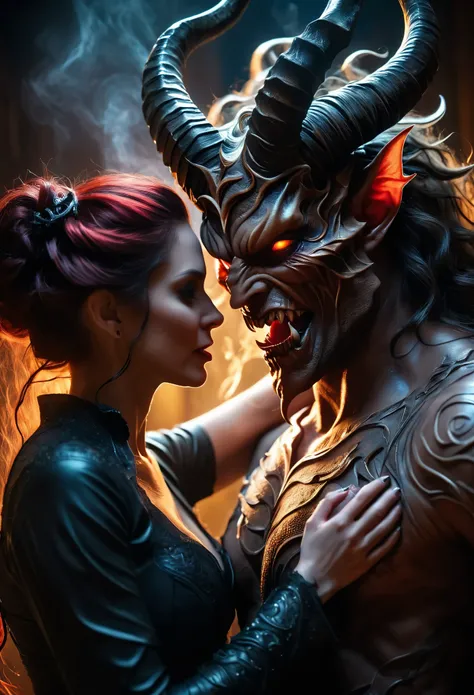 (best quality,4k,8k,highres,masterpiece:1.2),ultra-detailed,(realistic,photorealistic,photo-realistic:1.37),A terrifying horned demon passionately entwined with an enchanting human girl, (NSFW:1.3),soft lighting,gothic style,fine detail,dramatic shadows,vi...