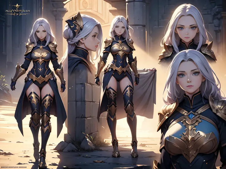 ((Masterpiece, Highest quality)), Detailed face, CharacterDesignSheet， full bodyesbian, Full of details, Multiple poses and expressions, Highly detailed, Depth, Many parts，Beautiful paladin girl，Armor，High Balance, Natural light, Star decoration