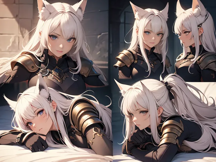 ((Masterpiece, Highest quality)), Detailed face, CharacterDesignSheet， full bodyesbian, Full of details, Multiple poses and expressions, Highly detailed, Depth, Many parts，Beautiful paladin fox girl，Armor，High Balance, Natural light, Star decoration