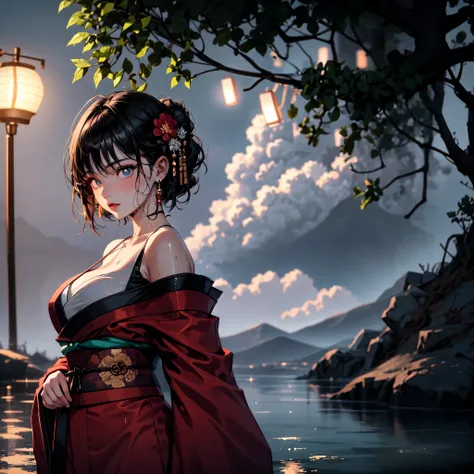 1girl, breasts, moon, lantern, night, solo, large breasts, hair ornament, wet, kimono, japanese clothes, wading, water, hair flo...