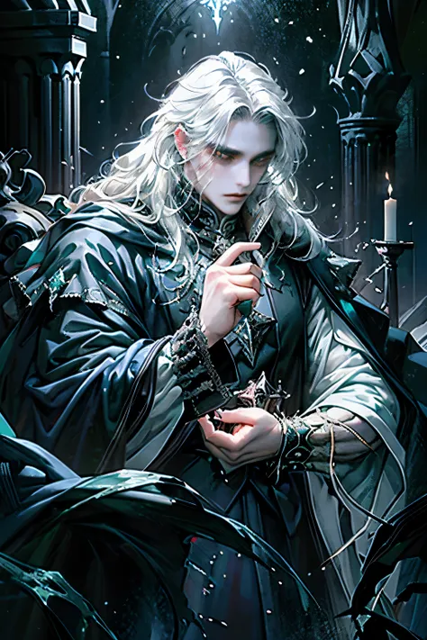 Masterpiece, Top Quality, 4K, 8K, 1 person, male, dark wizard, majestic, dark castle backgroung, messy hair, curly hair, long white hair, floating, gothic, dark indigo, magic in hand, emerald nightglow