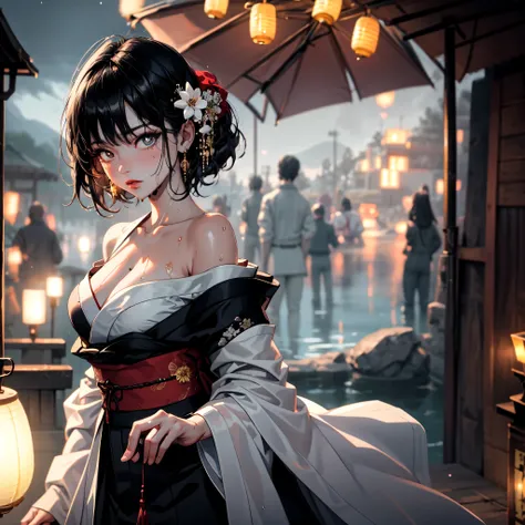 1girl, breasts, moon, lantern, night, solo, large breasts, hair ornament, wet, kimono, japanese clothes, wading, water, hair flower, flower, outdoors, sky, full moon, rain, black hair, off shoulder, mountain, cloud, holding, sash, bare shoulders, paper lan...