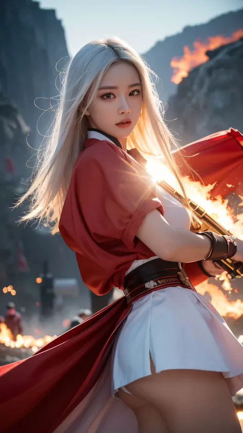 (Reality: 1.4), (original photo, best quality), (actual, realistic and real: 1.3), best quality, Very detailed, masterpiece, Ultra-detailed, illustration, 1 girl, Make people, Smile, white hair, White clothes, red tang clothing, Holding a big machine gun, ...